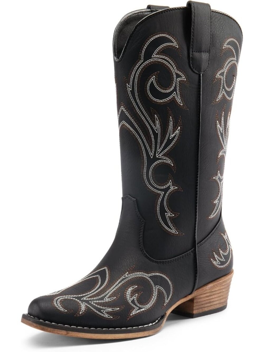 DREAM PAIRS Womens Black Square Toe Stitched Western Cowgirl Mid Calf Boot Shoes